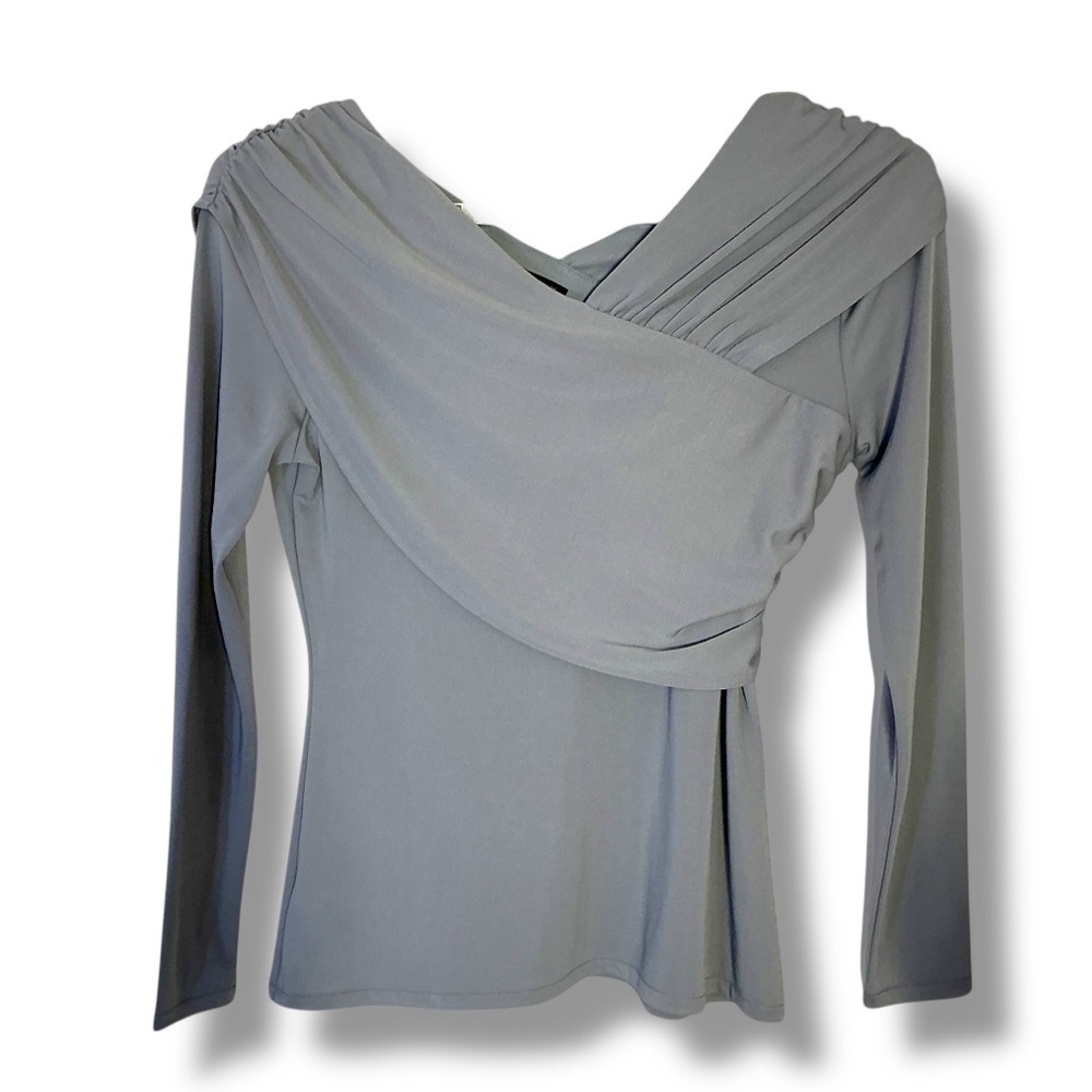 Ann Taylor Top Draped Cross Over Ruched Sleek Stretchy Gray Women's Medium - Picture 10 of 16